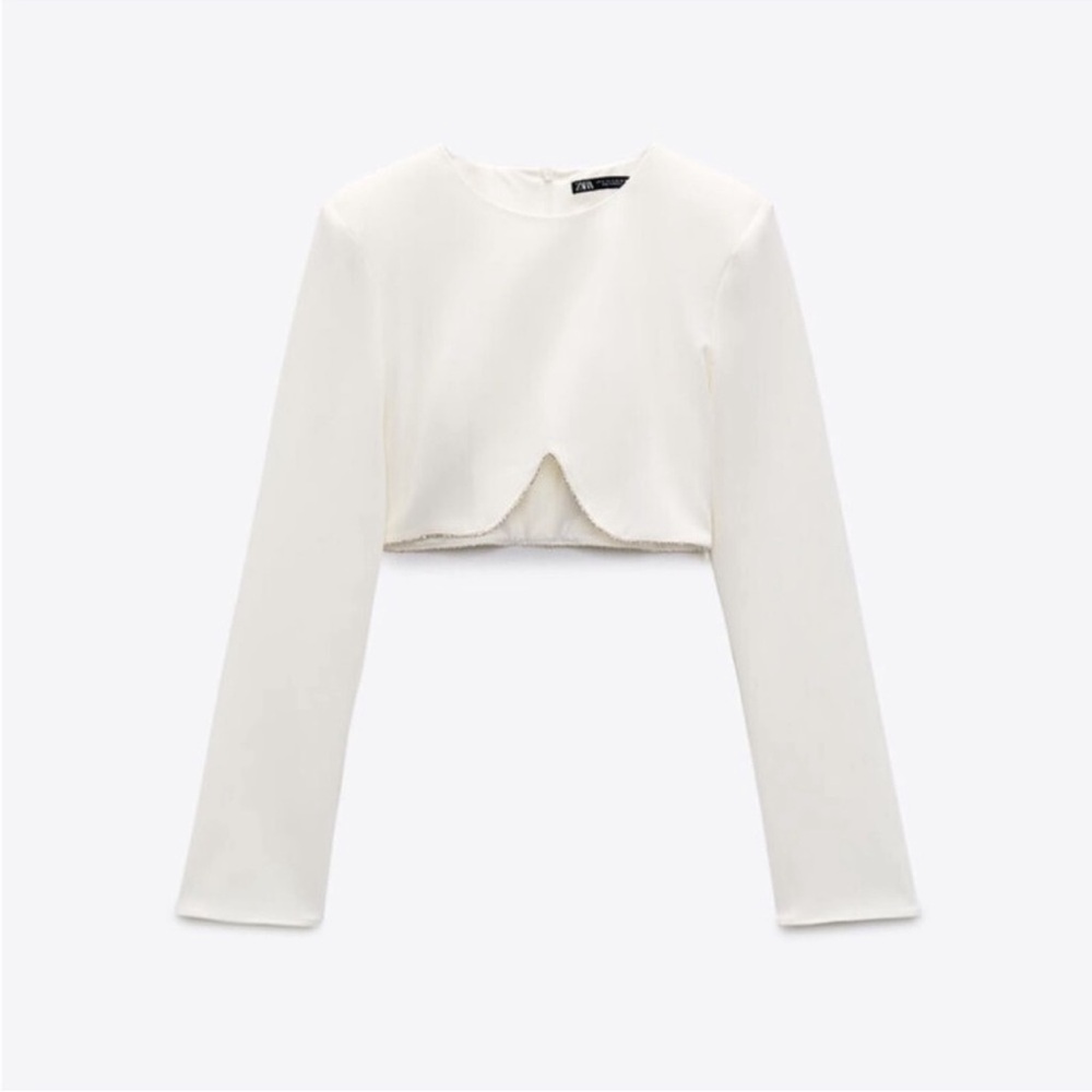 Zara white jewel hem long sleeve crop top